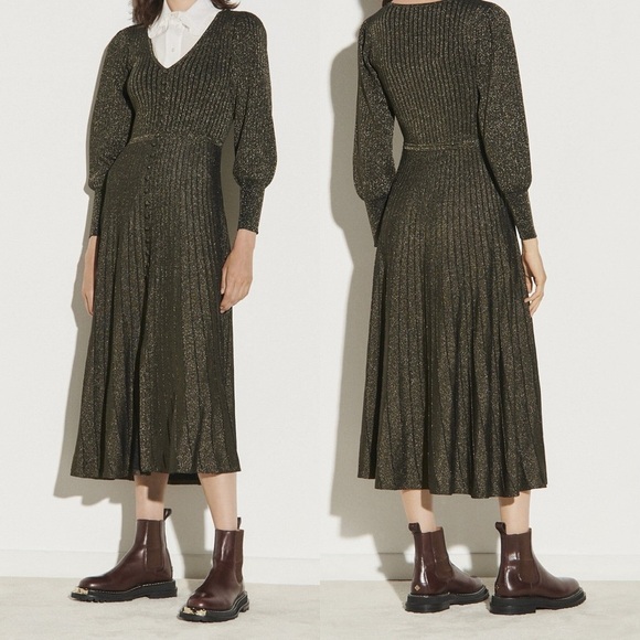 Sandro Black and Gold Metallic Aure Ribbed Knit Balloon Sleeve Midi Dress - Picture 1 of 15